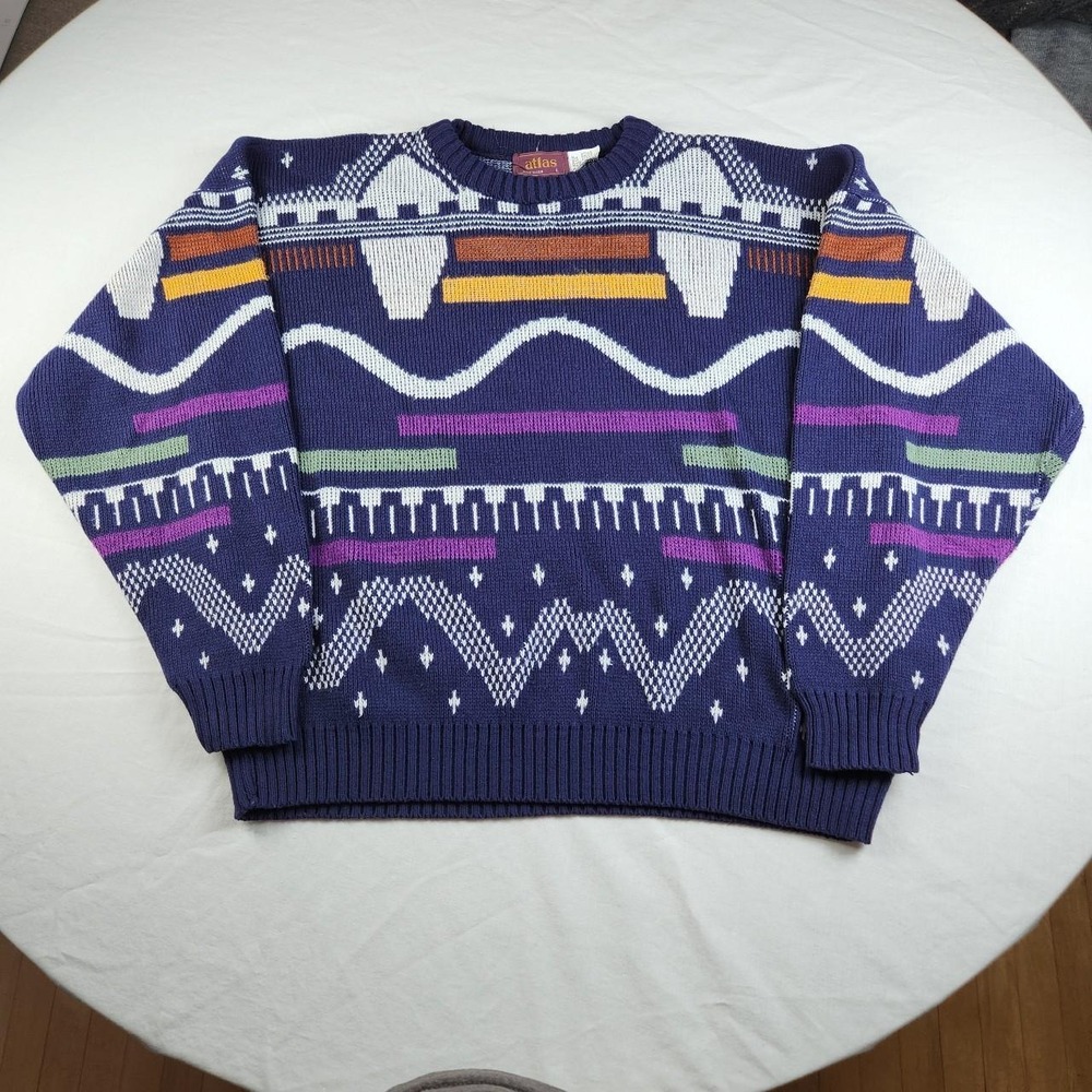 Atlas Vintage 80s Mens Navy Geometric Abstract Knit Sweater Size L Made in USA